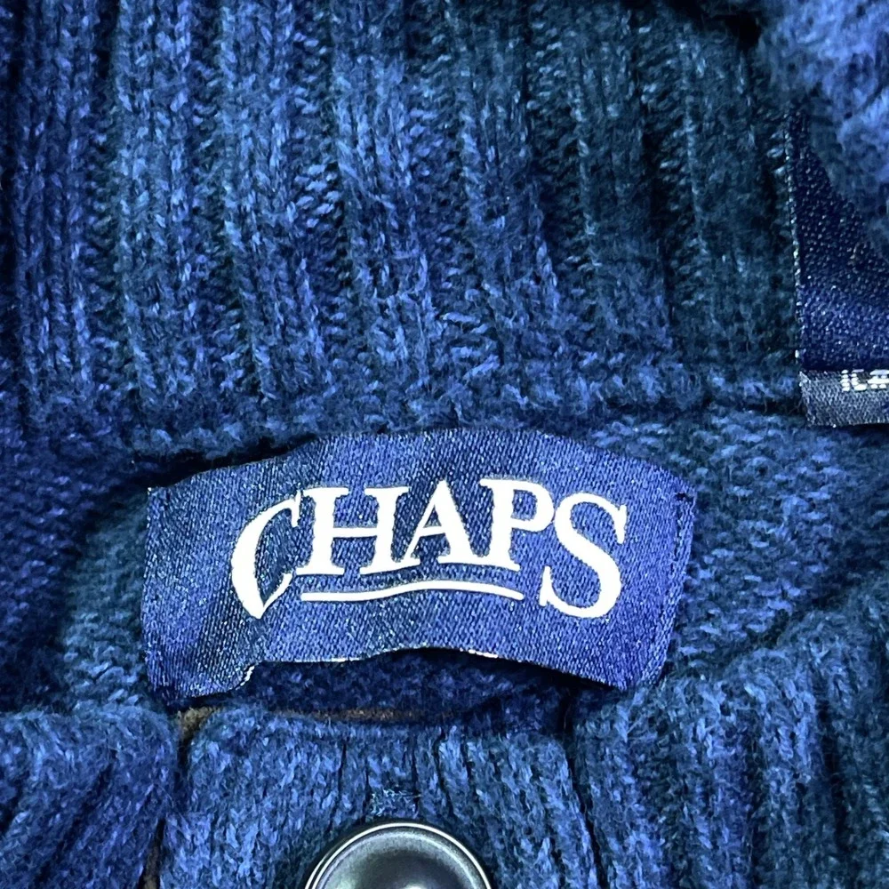 Chaps Men's Blue Knit Sweater Elbow Patches Mock Neck Pullover Size Large Ribbed